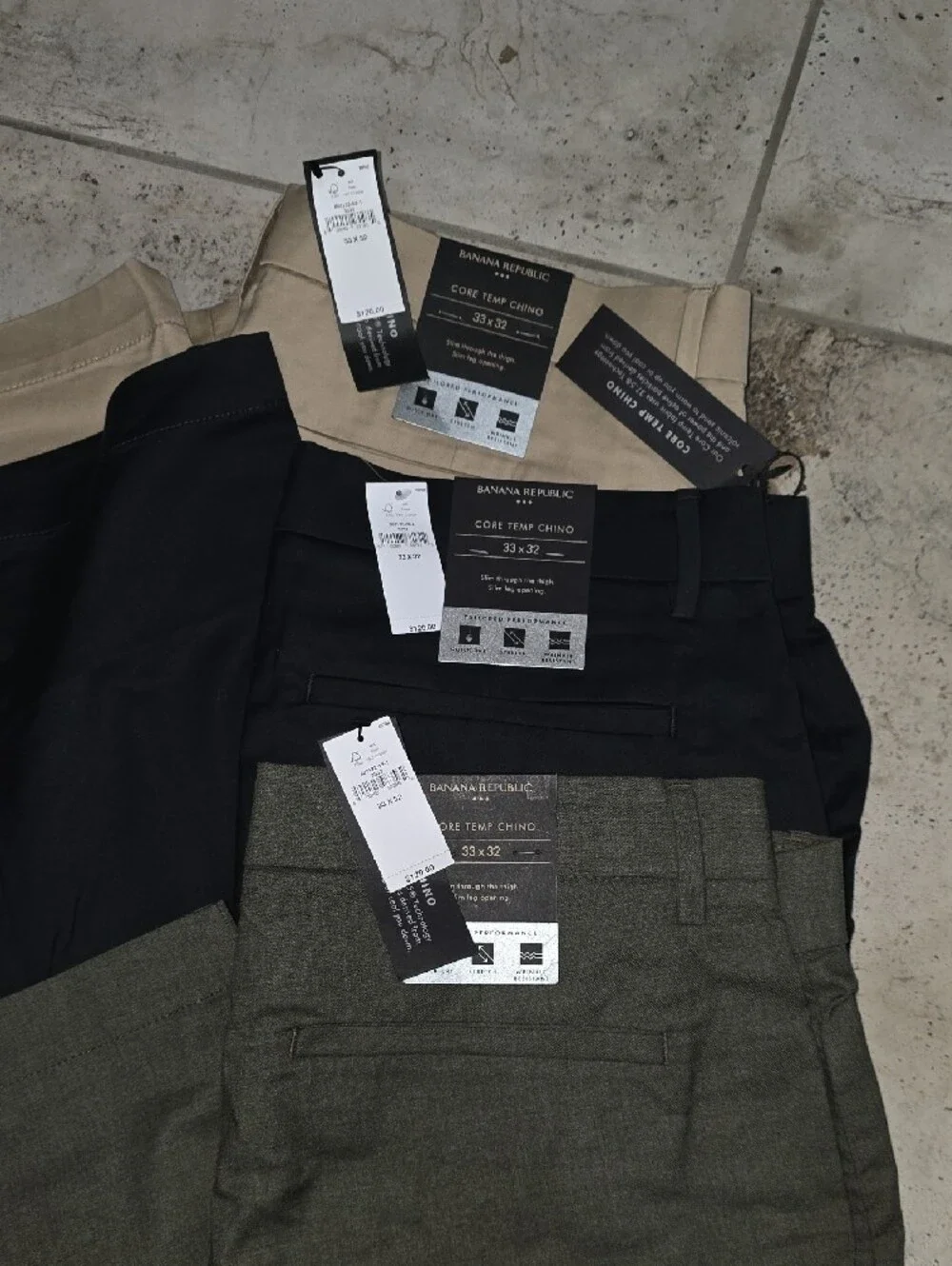 NWT 33×32 Banana Republic Men's Core Temp Chino in Olive, Black & Beige
